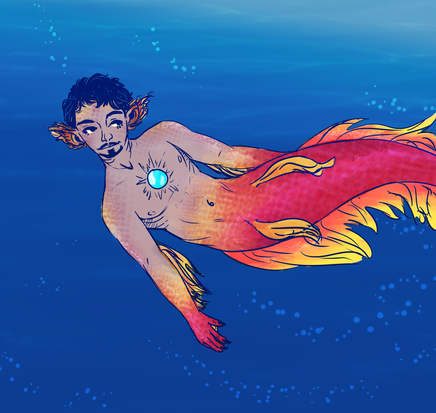 image of iron man as a merman with a red and gold tail, underwater.